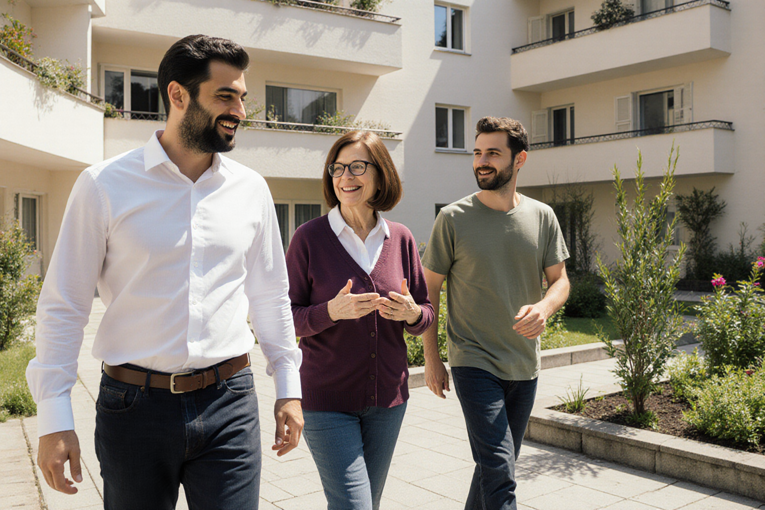 Natürlicher Rundgang mit Eigentümerin und zwei Männern, Wohnanlage deutlich sichtbar